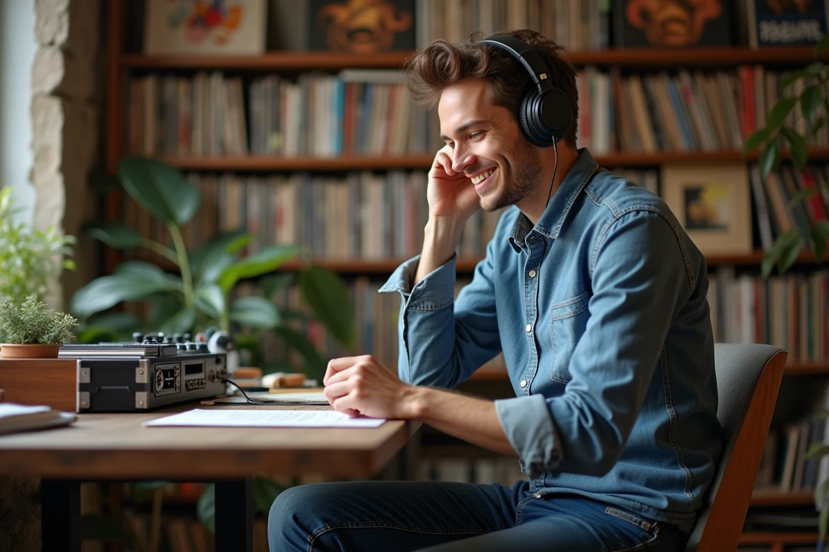 Artiste en studio assis avec casque et vinyles