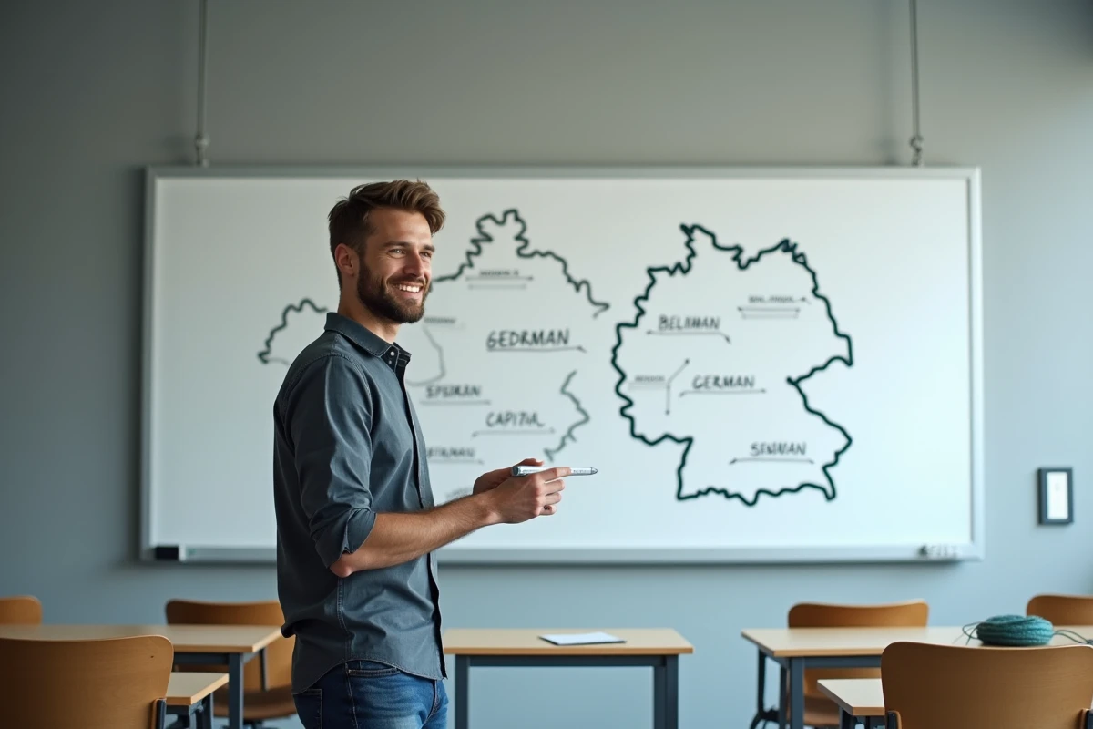 Étudiant devant un tableau blanc avec les Länder allemands dessinés et leurs capitales annotées