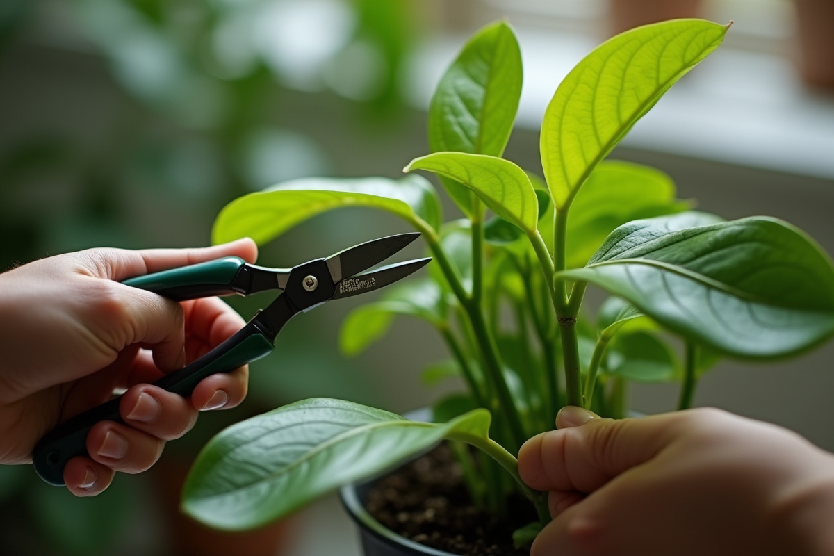 Mains taillant une branche de pothos avec des ciseaux de jardinage