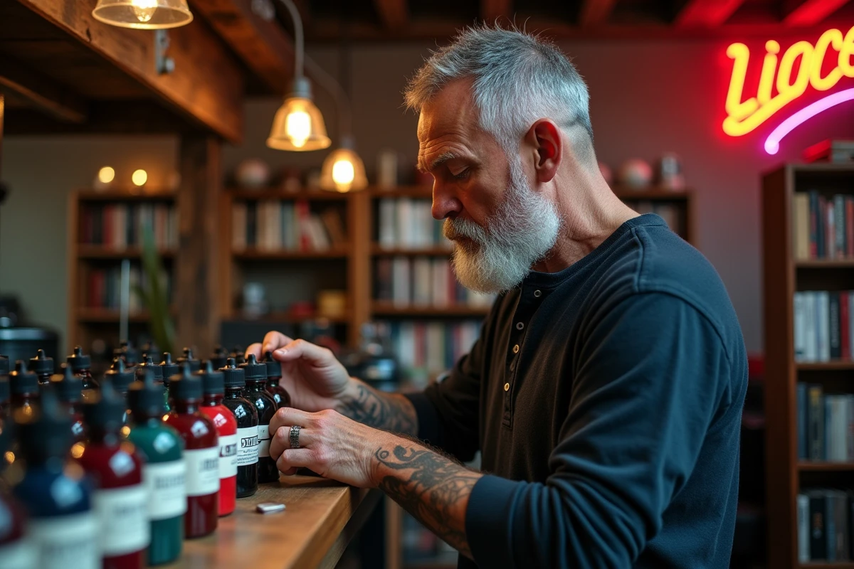 Tatoueur chevronné organisant méticuleusement sa collection d'encres colorées dans un studio vintage