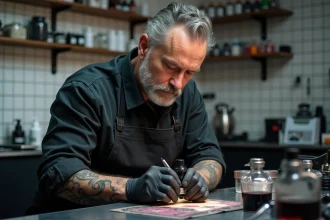 Tatoueur vétéran préparant ses encres dans un studio professionnel propre et organisé