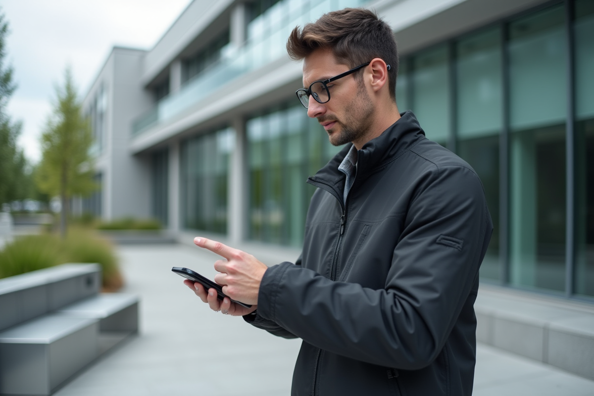 Homme testant une manche tactile connectée en extérieur urbain