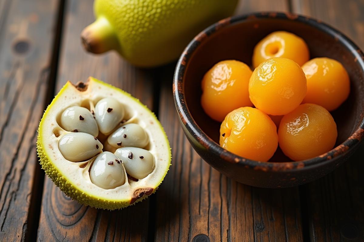 Tranchee de jackfruit et bol de jujubes sur table en bois