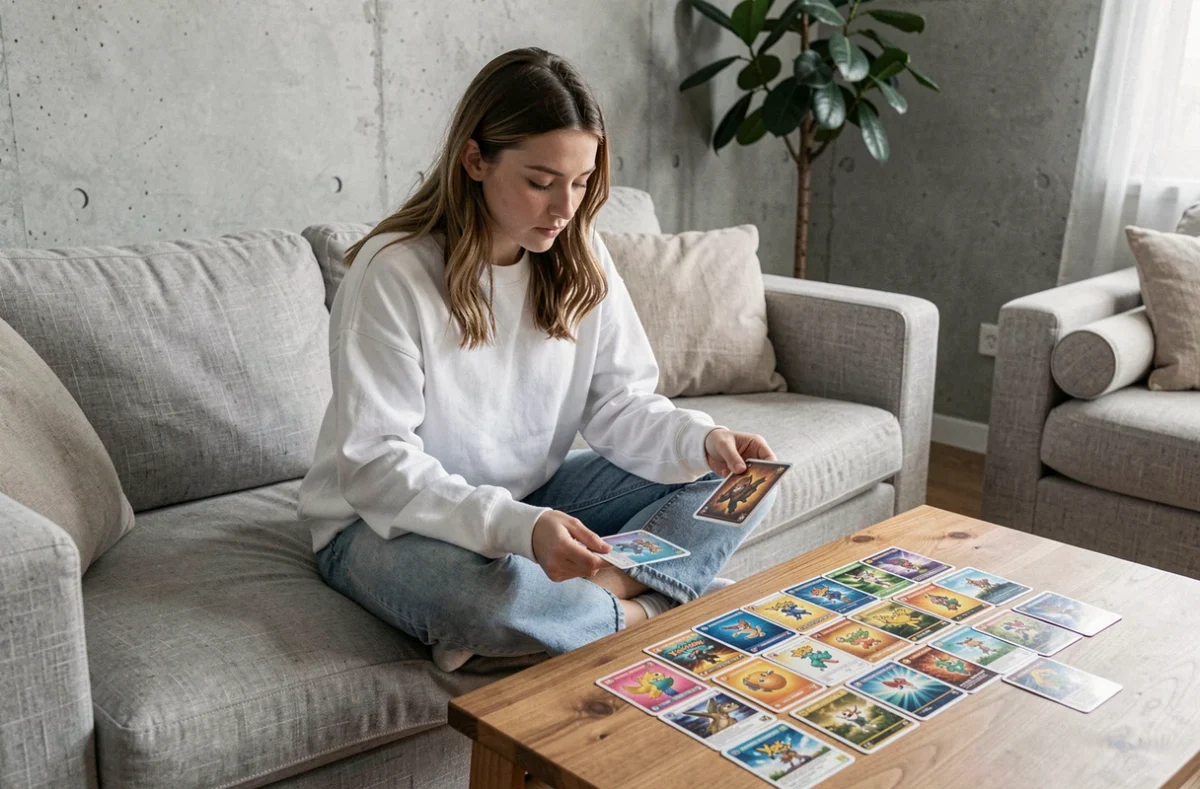 Jeune femme triant des cartes Pokémon Aventure Ensemble sur une table basse dans un salon moderne