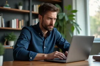 Homme vérifiant l'adresse URL d'un site web sur son ordinateur portable dans un bureau à domicile