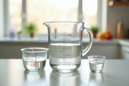 Verre mesureur rempli à 250 cl dans une cuisine lumineuse