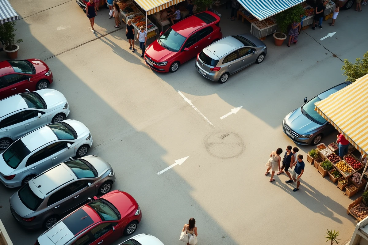 Vue aérienne d'un parking bondé adjacent au marché estival de Le Barcarès avec stands colorés et piétons